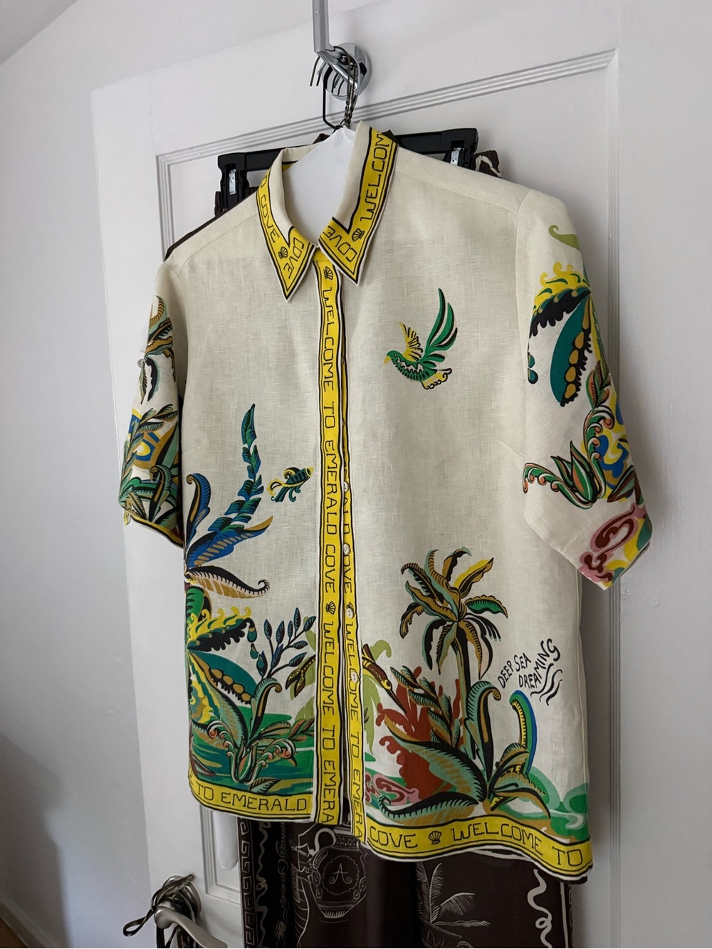 Alemais Cream Button-Front Tropical Print Shirt with Yellow Trim